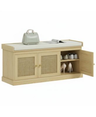 Shoe Bench Woven Rattan Doors Storage Cushion Adjustable Shelves 9 Pairs Boho Style Entryway Bedroom Living Room