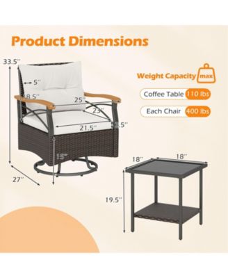 3-Piece Outdoor Swivel Wicker Chair Set with Tempered Glass Side Table