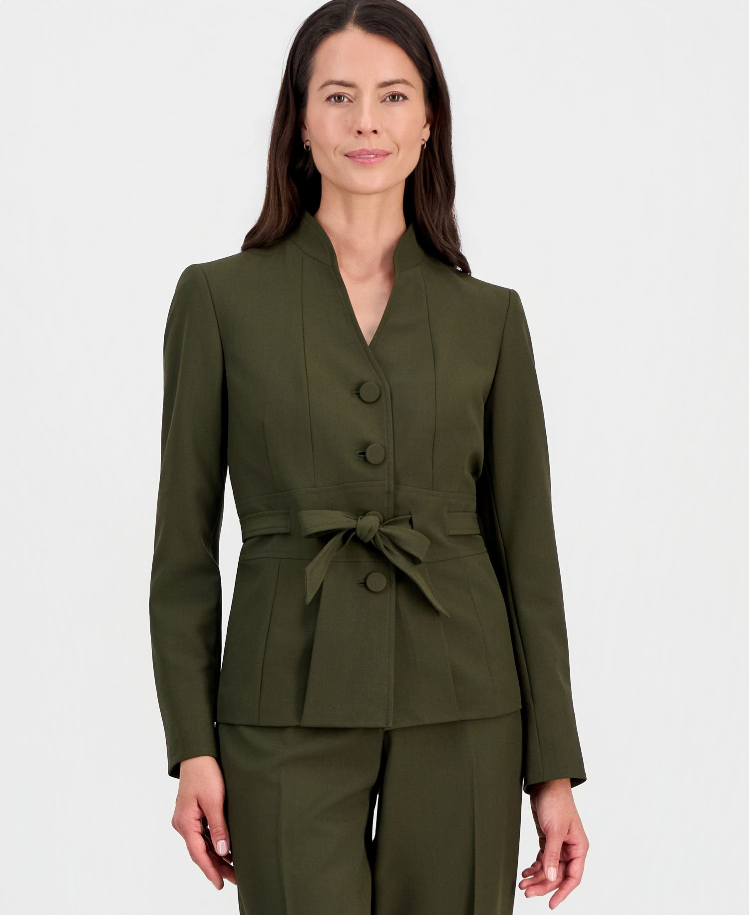 Women's Four-Button Belted Jacket & Fly-Front Wide-Leg Pants Suit