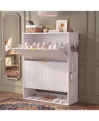 Fluted Shoe Cabinet with 2 Flip Drawers, Open Bottom Shelf and Side Hooks for Entryway Storage