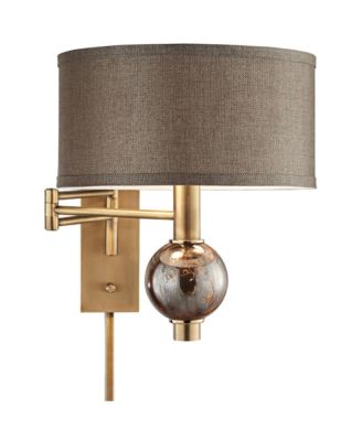 Modern Swing Arm Wall Lamp Painted Polished Brass Plug-In Light Fixture Dark Taupe Drum Shade for Bedroom Living Room