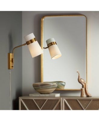 Cartwright Modern Wall Lamp Antique Brass Plug-in Light Fixture Swing Arm Beige Linen Cylinder Shade for Bedroom Bathroom Vanity