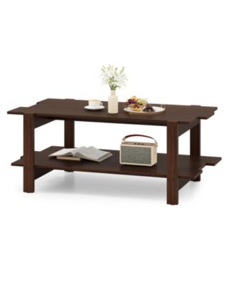 2 Tier Wood Coffee Table Slatted Design Storage Shelf