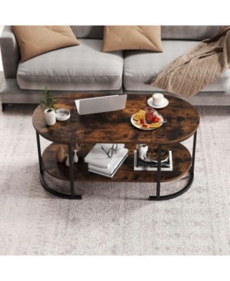 Wooden Oval Coffee Table 2 Tier with Open Storage Shelf