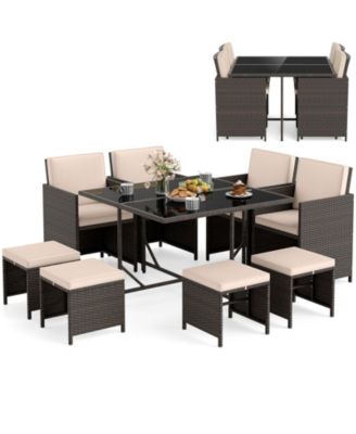 Set Of 9 Patio Dining Set with Tempered Glass Table and Ottoman Removable Cushions