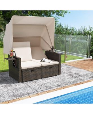 Outdoor Patio Rattan Daybed with Retractable Canopy and Backrests