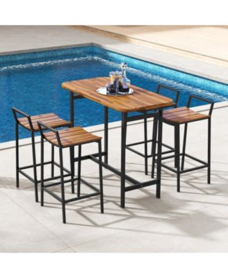 5-Piece Acacia Wood Bar Table Set with Metal Frame Footrest and Bar Height Chairs