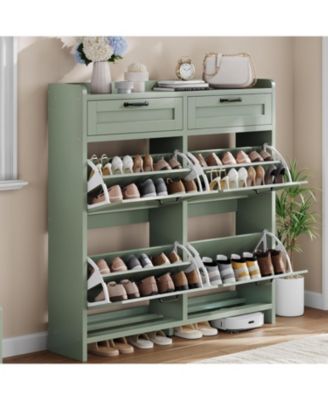Shoe Cabinet with 4 Flip Drawers & 2 Top Drawers, Wooden Shoe Organizer Cabinet with Adjustable Shelf, Freestanding Shoe Storage Cabinets