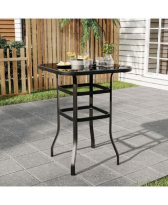 Patio Bar Height Table, Metal Frame Patio Bar Table Tempered Glass, Height High Top Outdoor Table for Backyard, Poolside and Garden