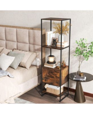 Narrow 5-Tier Bookcase with Open Shelves and Storage Drawer