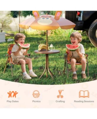 4 Pieces Kids Picnic Set with 2 Folding Chairs and Height Adjustable Umbrella