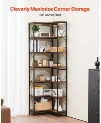 7-Tier Corner Bookshelf, 79" Tall, Metal Frame and Wooden Shelves, Industrial