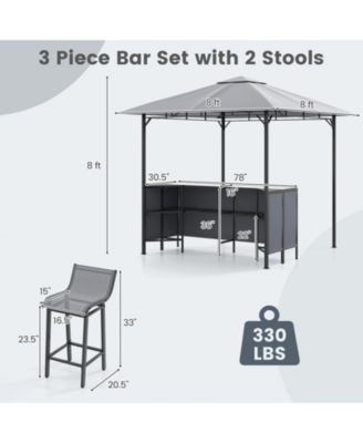 3-Piece Patio Bar Set with 8 x 8 FT Double-Tier Grill Gazebo and 2 Bar Stools