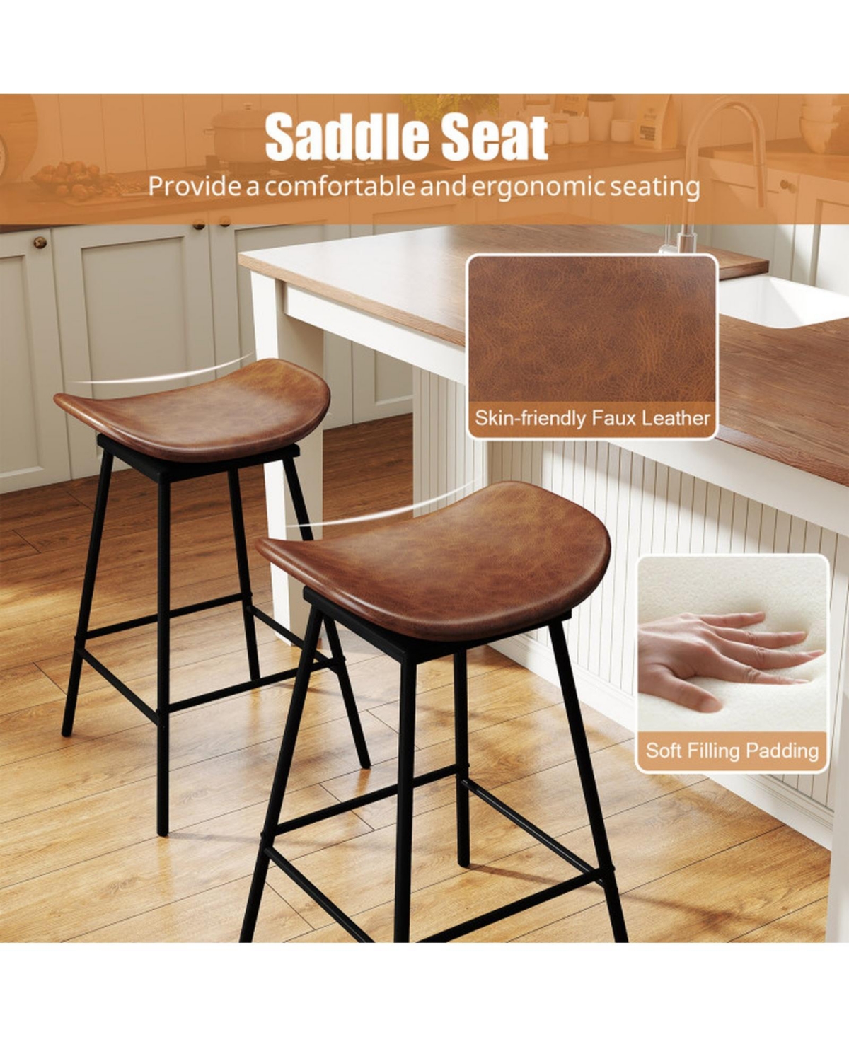 Gouun Set of 2 Faux Leather Swivel Backless Counter Height Bar Stools with Metal Legs