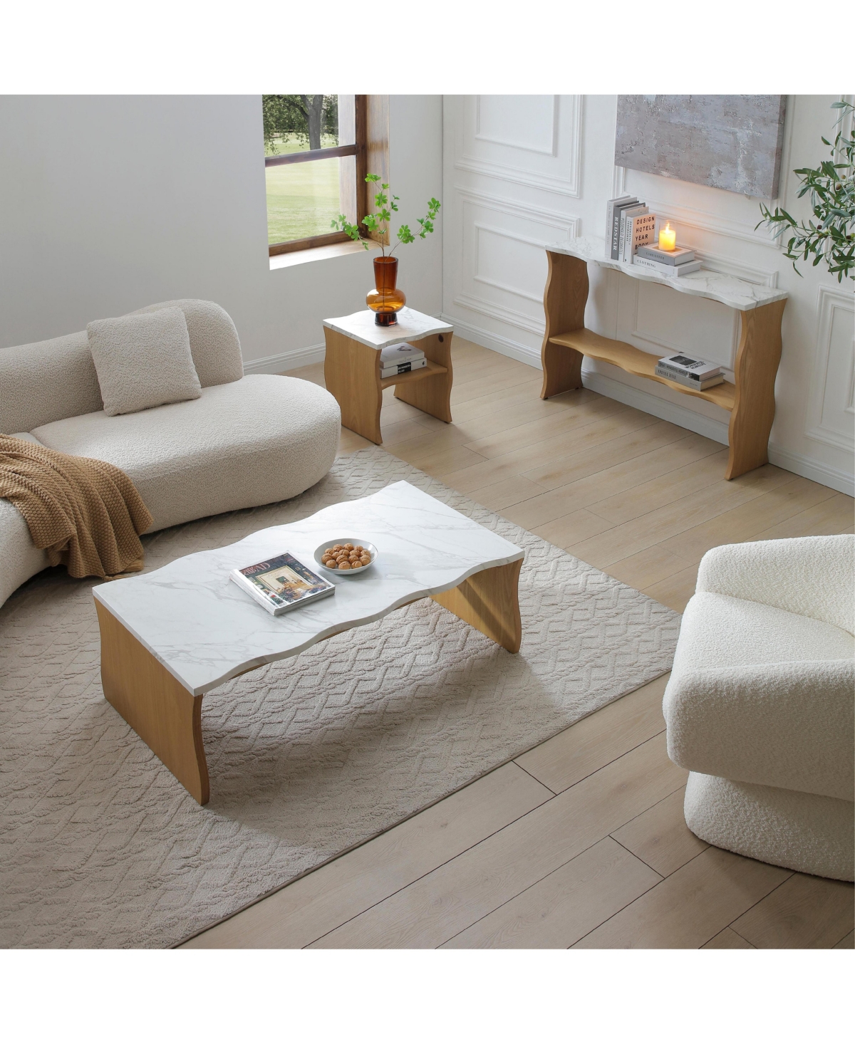 Boyel Living 47.24 Inches Whisper of Waves Modern Coffee Table with Faux Marble Top and Solid Wood Base