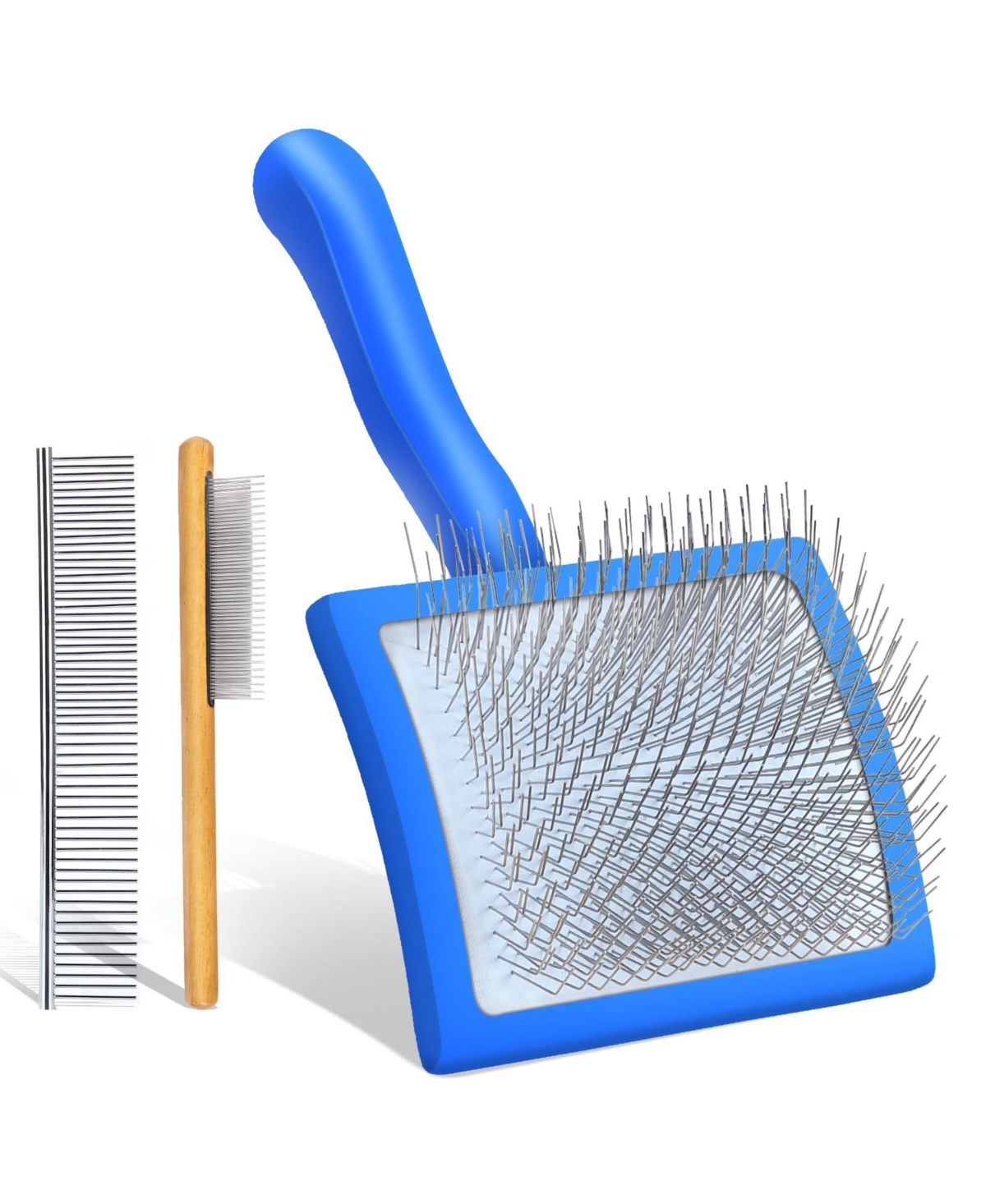 Aronkl Dog Slicker Brush Grooming Kit Long Hair Detangles Mats Shedding Wooden Handle Combs - Blue