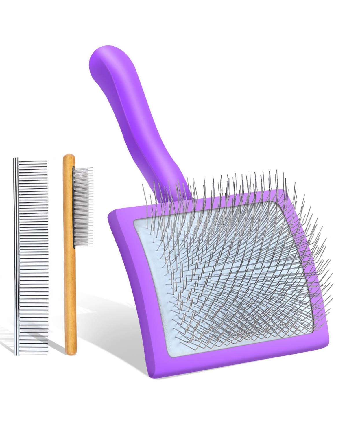 Aronkl Dog Slicker Brush Grooming Kit Long Hair Detangles Mats Shedding Wooden Handle Combs - Purple