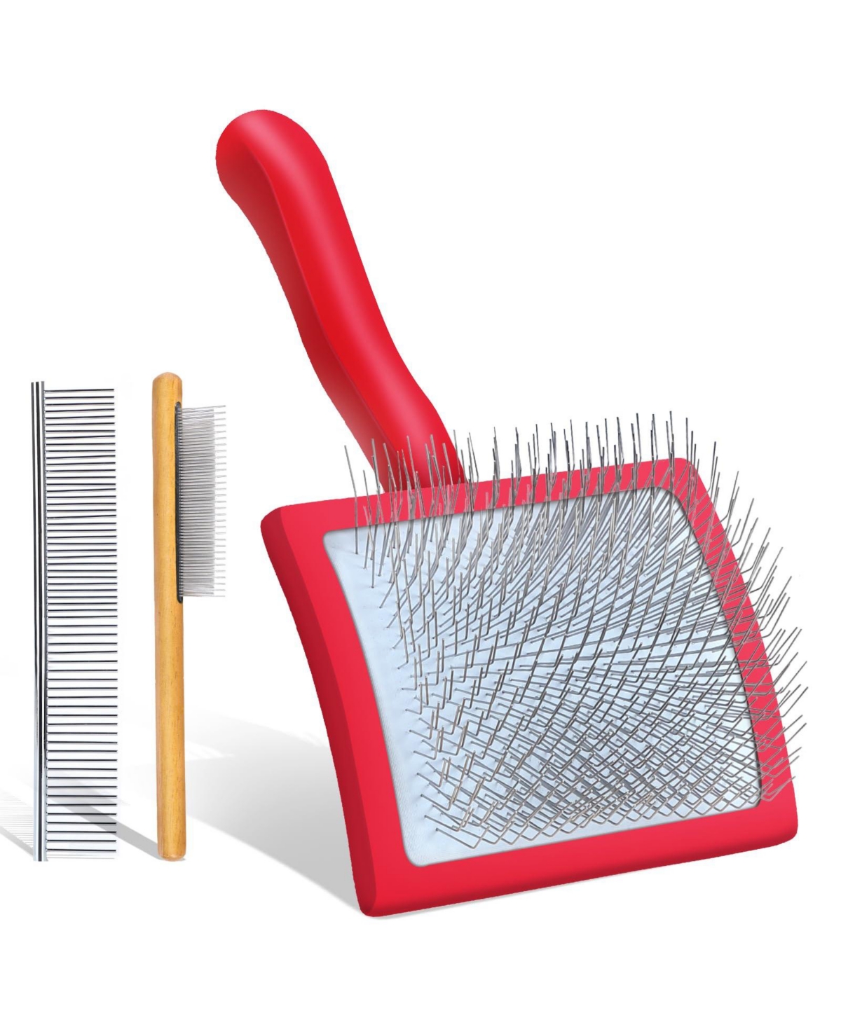 Aronkl Dog Slicker Brush Grooming Kit Long Hair Detangles Mats Shedding Wooden Handle Combs - Red