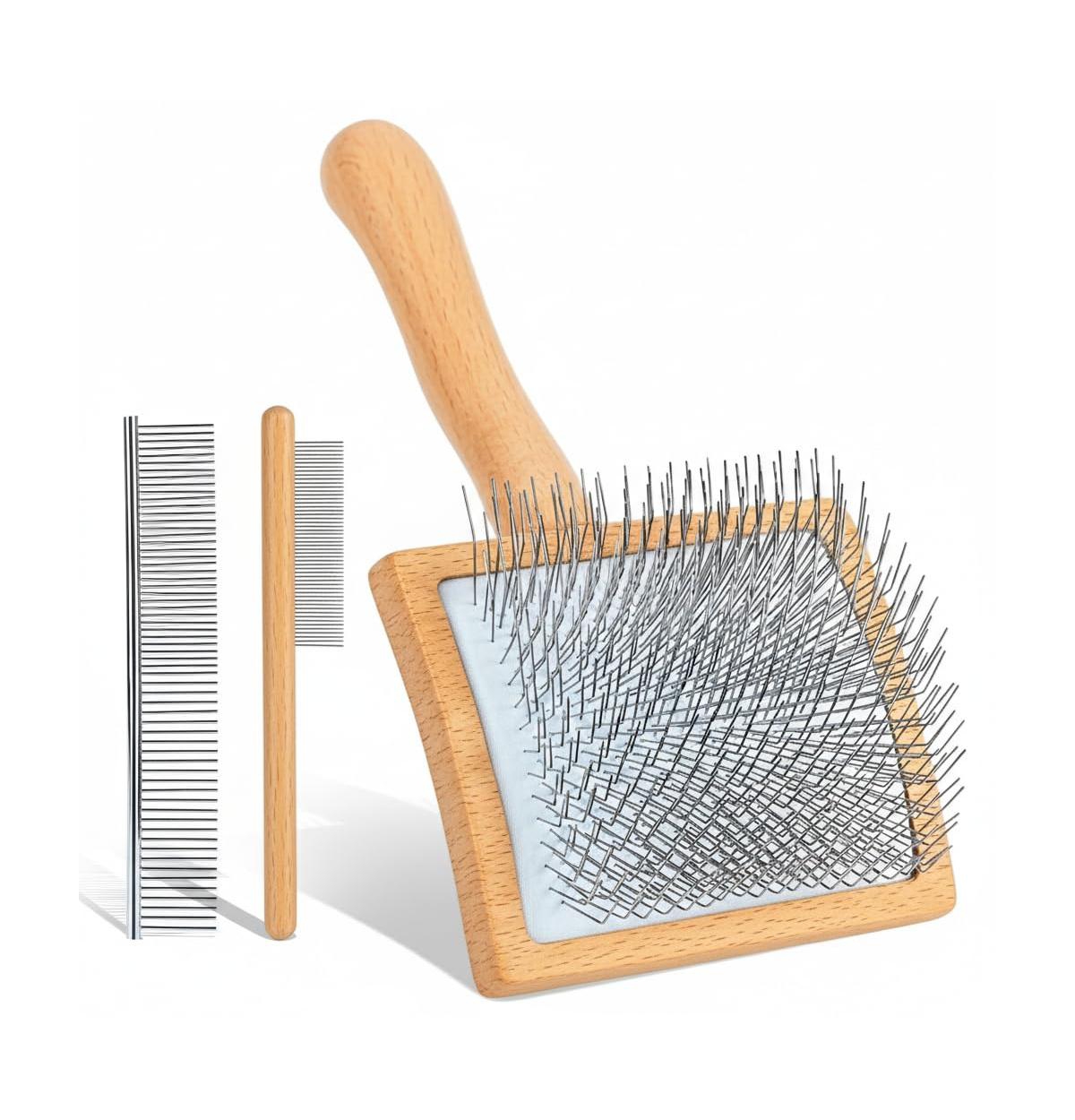 Aronkl Dog Slicker Brush Grooming Kit Long Hair Detangles Mats Shedding Wooden Handle Combs - Brown