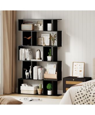 Five Tier Geometric Bookcase with Open Shelves and Cube Storage