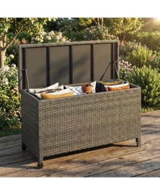Outdoor Wicker Storage Box, PE Rattan Patio Storage Chest with Steel Frame, Weather-Resistant Deck Storage Box for Cushions