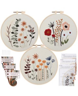 3 Pack Embroidery Starter Kit Beginners Stamped Cross Cute Flowers Patterns Hoop Threads Adults