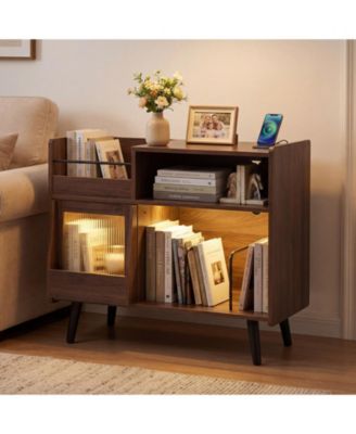 Large Record Player Stand with LED Lights Power Outlets and Door