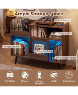 Large Record Player Stand with LED Lights Power Outlets and Door