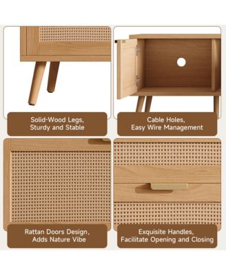 70 inch Modern Cabinet TV Stand with Rattan Doors Media Console with Storage Space & Cable Holes
