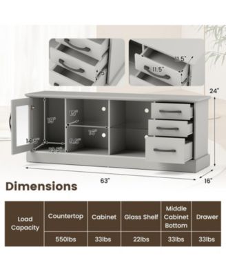 63 in Media Console with 3 Drawers and Dual Glass Display Shelves