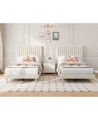 Set of 2 Velvet Upholstered Platform Beds with Adjustable Tufted Headboard – Vertical Channel Design, No Box Spring Needed