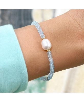 Blue Topaz Bead Pearl Bracelet 14K Gold