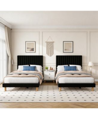 Set of 2 Dreamy Velvet Platform Bed Set with Adjustable Channel-Tufted Headboard – Soft Linen Upholstery, No Box Spring Needed