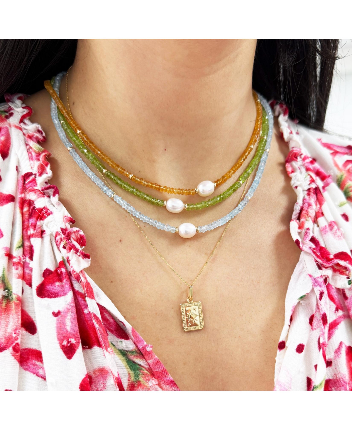 The Lovery Peridot Bead Pearl Necklace 14K Gold