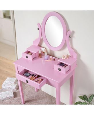 Wood Makeup Vanity Desk and Stool Set - Dressing Table with Mirror and 3 Storage Drawers for Bedroom
