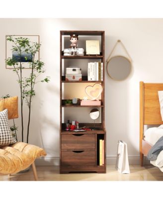 Tall Nightstand with Bookshelf - Freestanding Bedside Table with 2 Storage Drawers, Wood 4-Tier Bookcase for Bedroom, Home Office