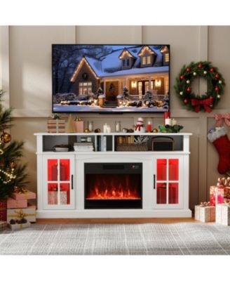 58 in Fireplace TV Stand with LED Lights and Glass Door Cabinets