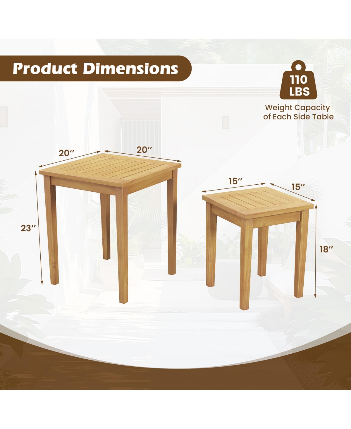 Gymax 2 Pcs Patio Nesting Table Teak Wood Outdoor Space Saving Design Square End Table