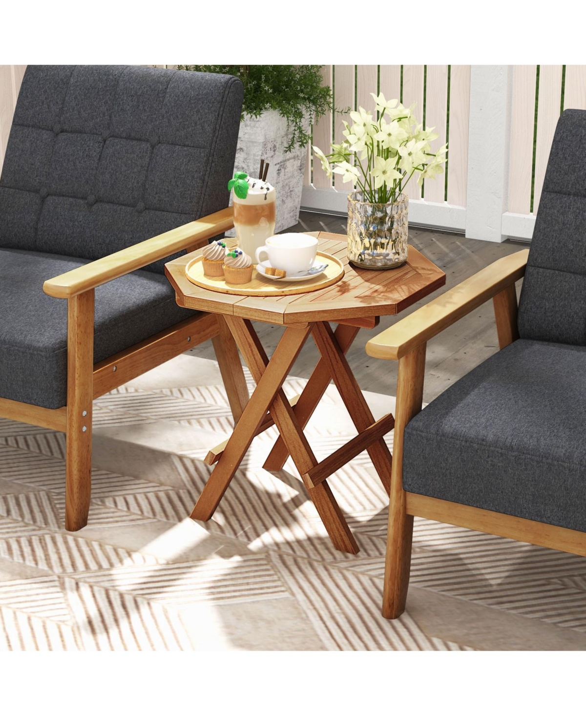 Gymax Patio Folding Side Table w/ X-shaped Legs and Slatted Tabletop for Backyard