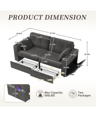 67" Chenille Loveseat Sofa, 2-Seater Couch with Storage, USB Charging and Cup Holders for Living Room and Apartment