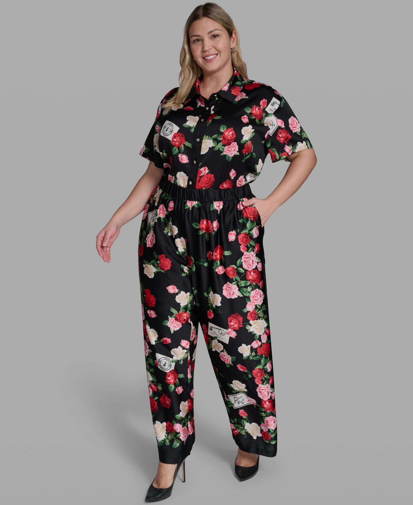 Женские брюки KARL LAGERFELD PARIS Plus Size Mid-Rise Floral-Print Pull-On, цвет: Чёрный разноцветный — фото 7
