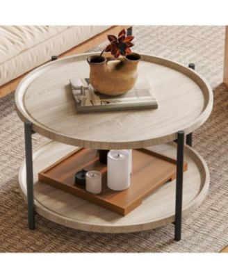 Round Wood 2-Tier Coffee Table with Metal Legs and Storage Shelf