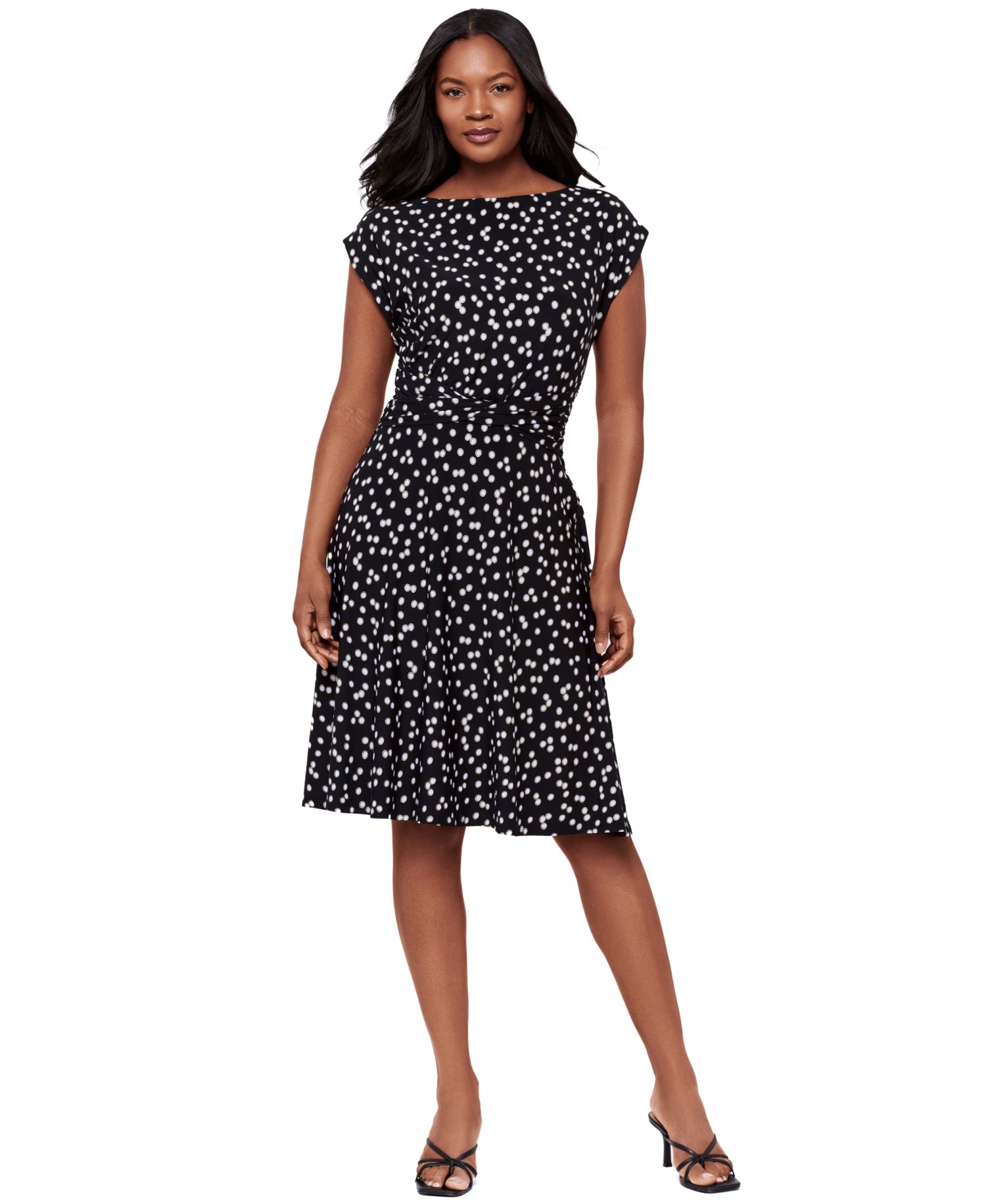 Women's Dot-Print Boat Neck Short-Sleeve Shaping Dress