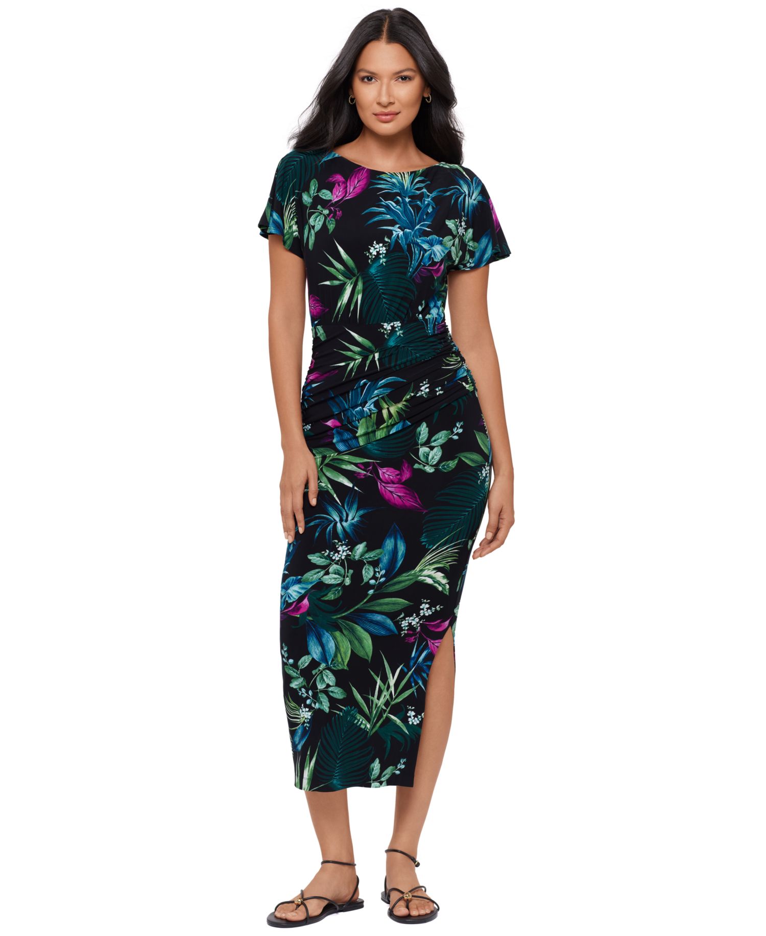 Women's Botanical-Print Boat Neck Shaping Dress