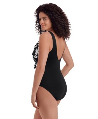 Women's Sweet Siren Ruffle Front Sash Surplice Long Torso One-Piece Swimsuit