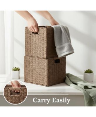 3 Pack Wicker Storage Baskets Foldable Handwoven Square Organizer Bins Rustic Decorative Shelf Closet Organizers