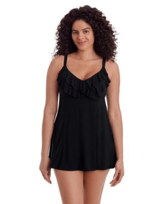 Women's Solid Black Ruffle Front Long Torso Swim Dress