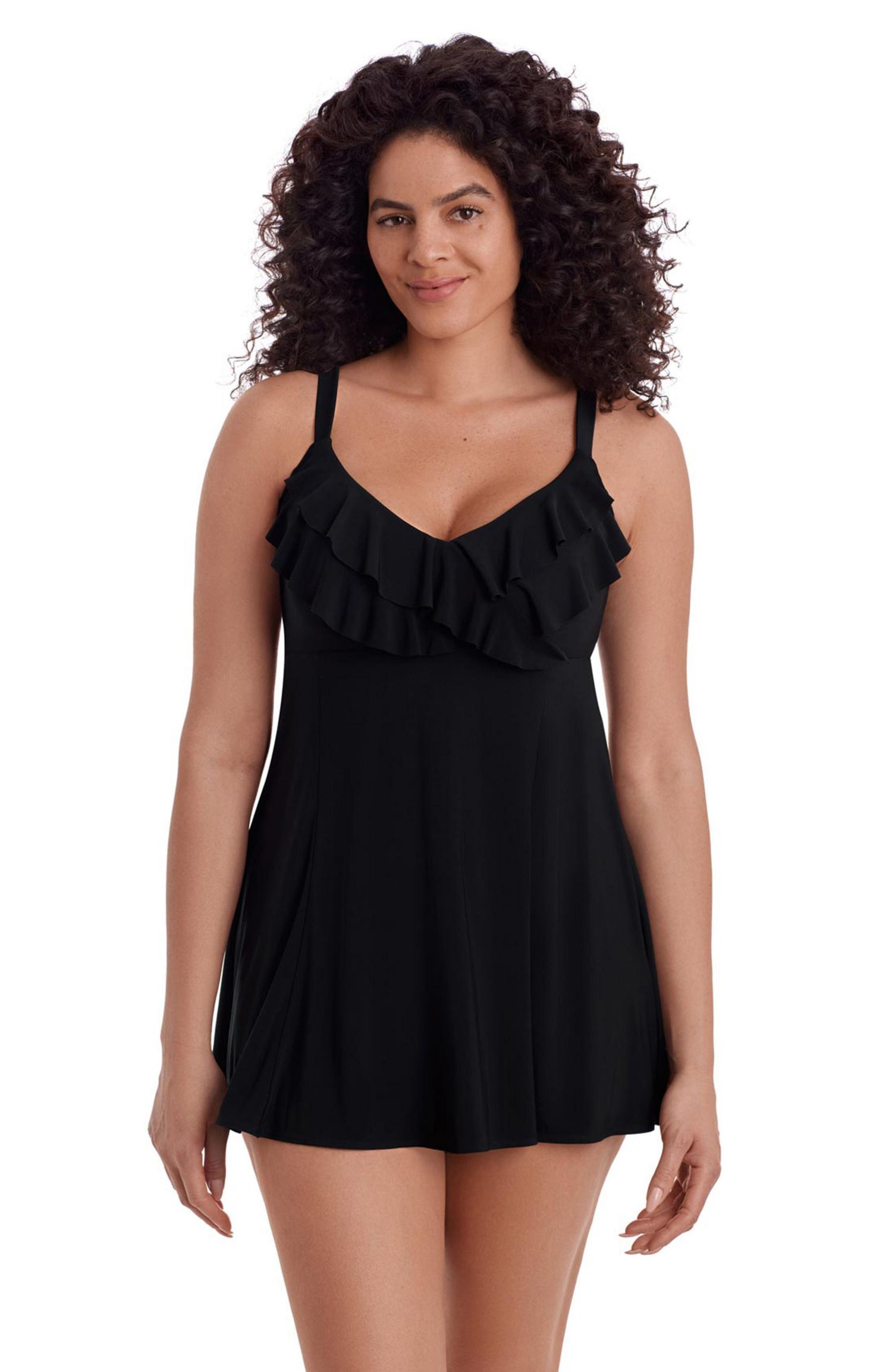 Women's Solid Black Ruffle Front Long Torso Swim Dress
