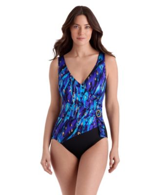 Women's Gilded Garden Buckle Shirred Surplice Long Torso One-Piece Swimsuit