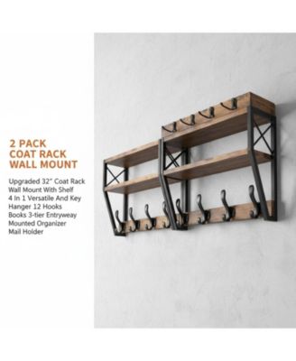 Upgraded 32" Wall Mount Coat Rack 4 in 1 with Shelf 12 Hooks Entryway Organizer Mail Holder